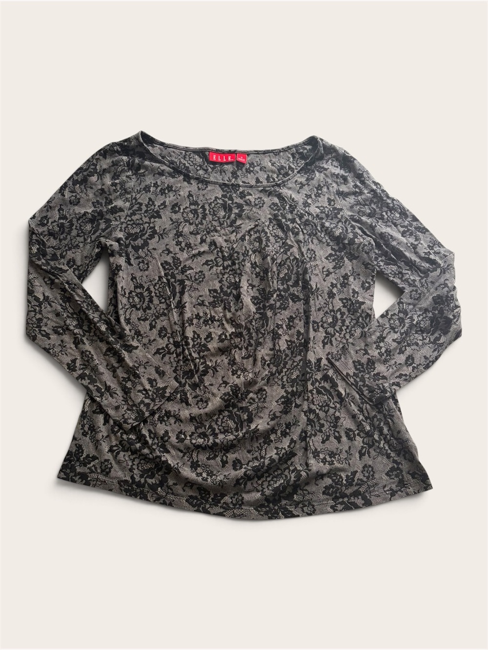 ELLE Gray Black Floral Long Sleeve Top Pima Cotton Blend Pleated Women’s Medium